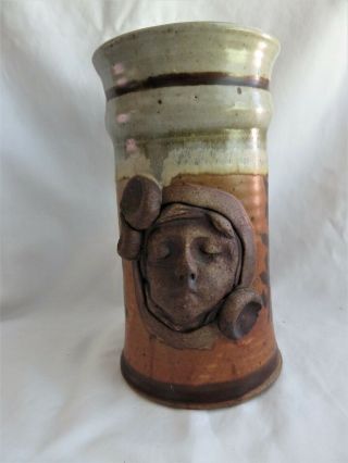 Large 6 3/8 " High Vintage Handmade Stoneware Face Mug Cup