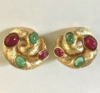 Vintage Trifari Garden Of Eden Snake Red & Green Gripoix Glass Cabochon Earrings