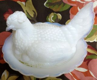 Von Streit Glass Hen On Nest Covered Dish 7 " Milk W/fire Chicken Plumed Warrior