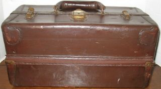Vtg Antique Brown Leather Brass Hardware Aluminum Inside Hold - All Tackle Box
