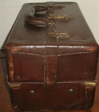 Vtg Antique Brown Leather Brass Hardware Aluminum Inside Hold - All Tackle Box 2