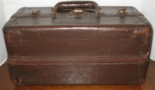 Vtg Antique Brown Leather Brass Hardware Aluminum Inside Hold - All Tackle Box 3
