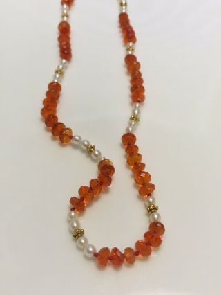 Vintage Fire Opal,  Pearl And 14 Karat Gold Bead Necklace