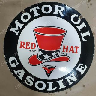 Red Hat Gasoline Motor Oil 2 Sided Vintage Porcelain Sign 30 Inches Round