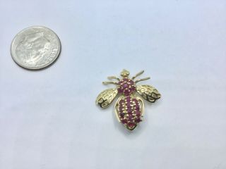 Vintage 14k Yellow Gold And Rubies Bee Brooch Pendant,  2.  6 Grams