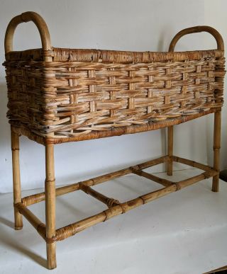 Vintage Mid Century Wicker Rattan Bamboo Planter Floor Basket - Boho Retro