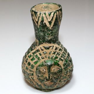 Very Rare - Roman Era Green Glass Bottle In Human Face Shape Circa 100 Bc - Ad