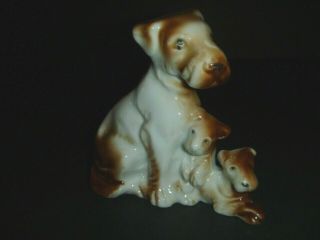 Vintage - Ceramic Dog Pit Bull Figurine - Mother With Puppies - Brown & White