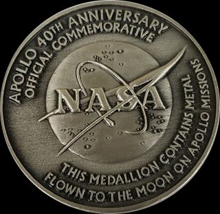 Nasa Apollo 40th Anniversary Medallion Flown To The Moon Commemorative Ac