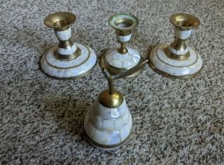 Vintage Brass Mother Of Pearl Inlaid Pear Screw Top Trinket Box 3 Candle Holders