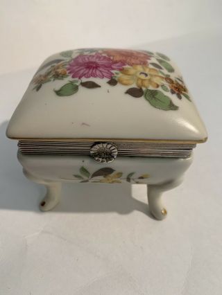 Small Footed Porcelain Trinket Box With Painted Flowers Vintage