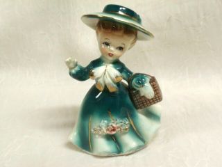 Vintage Japan Ceramic Girl Figurine In Dark Teal Dress And Hat