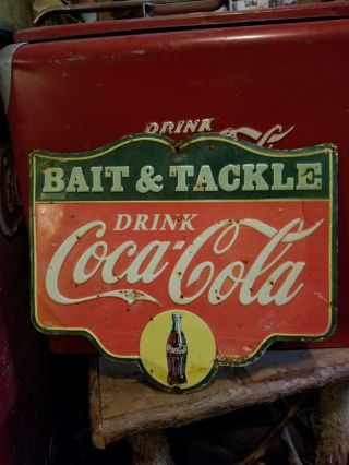 Vintage Old Coca Cola Coke Soda Bait And Tackle Metal Sign Gas Oil Advertising