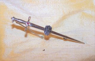 Vintage Sigma Nu Fraternity Sterling Silver Sword Pin W/ Crest,  Red Stone Old