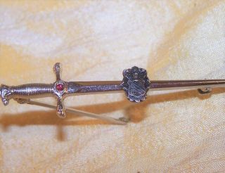 VINTAGE Sigma Nu fraternity sterling silver sword pin w/ crest,  red stone OLD 2