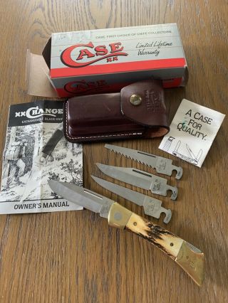 Vintage Usa Case Xx Changer Stag Blade Knife Set W/ Leather Sheath Lockknife