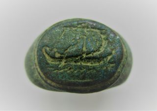 Ancient Roman Bronze Seal Ring With Legionary Galley Ship On Bezel