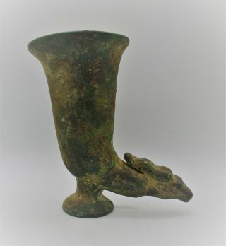 Circa 500 Bce Ancient Persian Bronze Fluted Rhyton With Beast Head Rare