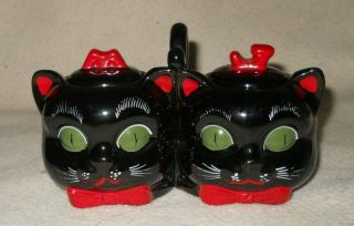 Vintage Redware Shafford Japan Black Cat Condiment Jar Jam Pot Set W/ Spoons Ec