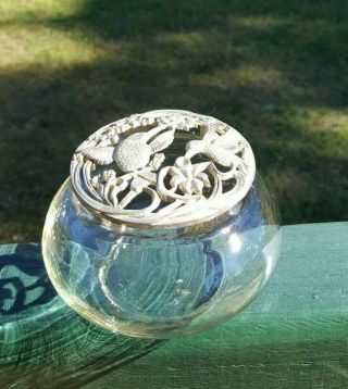 Vintage Glass Potpourri Bowl Pewter Metal Honey Eater Birds & Lily 