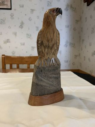 Hand Carved & Etched Buffalo Horn Eagle With Wooden Base Shlf