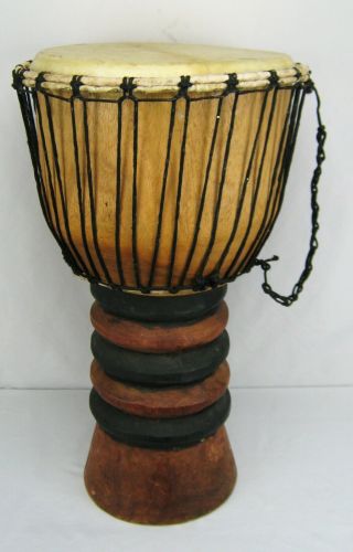 Vintage Handcrafted African Djembe Drum - Solid Wood,  Goat Skin - Made In Ghana