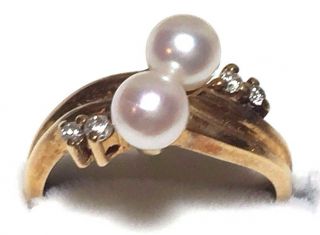 4349: :vintage 14 Karat Yellow Gold Double Pearl Ring W Diamond Chips,  Size 6.  5