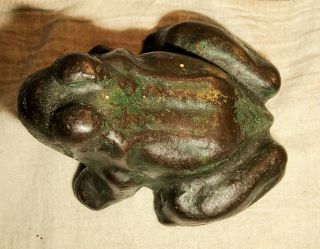 Antique Heavy Cast Iron Frog Shaped Door Stopper With Some Green Paint