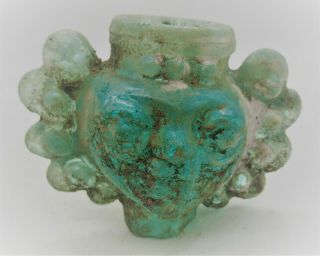 Ancient Roman Near Eastern Iridescent Aqua Blue Glass Vessel With Faces