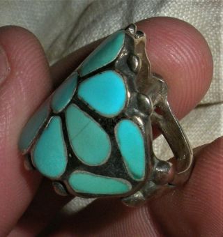 Vintage C1960 Navajo Flower Inlaid Turquoise Sterling Silver Ring Hallmarkd Vafo