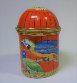 Vintage Staffordshire Enamels Trinket Box - Bird Cage W/ Parrots Cockatoo 2.  5 " T