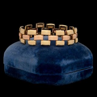 Antique Vintage Art Deco 12k Rose Yellow Gold Filled Gf Brick Tank Link Bracelet