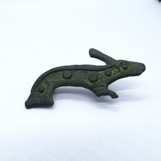 Roman Ancient Artifact Bronze Zoomorphic Fibula With Rabbit