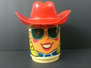Vtg Deka Cowgirl Trucker Plastic Coffee Mug Sippy Cup Girl Cowboy Hat Straw Lid