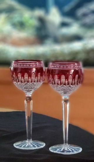 Waterford Crystal Clarendon Ruby Red Cut To Clear 2 Wine Hocks,  7 3/4 "