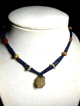Ancient Lapis Solid Gold Bead Real Ruby Jade Tiger Head Pendant Necklace