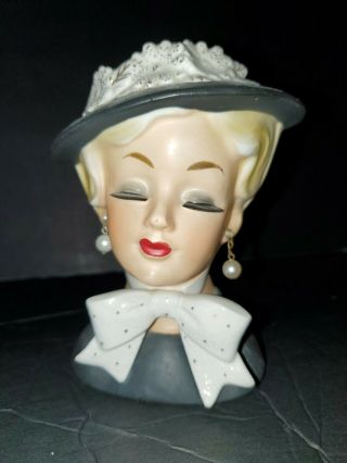 Vintage Enesco Lady Head Vase Black Dress/hat With Pearl Earrings