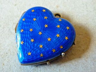 Antique Or Vintage Enamelled Silver Heart Locket Blue With Gold Stars