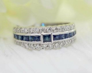 Art Deco Vintage Engagement Ring 3 Ct Diamond Sapphire Band 14k White Gold Over