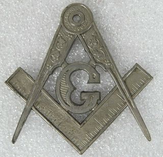 Antique Nickel Metal Masonic Freemason Ruler Compass Door Plaque Badge Ornament