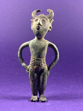 Scarce Ancient Luristan Bronze Horned Devil Figure Statuette - Circa 1000bce