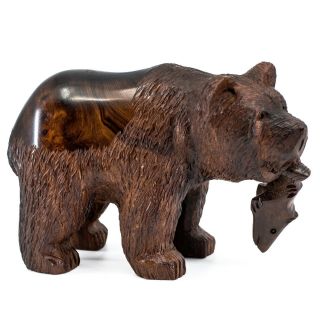 Unique Hand Carved Ironwood Grizzly Bear With Fish Figurine Wood Carving 6.  25 " L