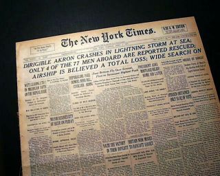 Uss Akron Zrs - 4 Helium Rigid U.  S.  Navy Airship Crash Disaster 1933 Old Newspaper