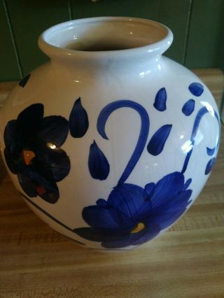 Vintage Ceramic Pottery Vase With Blue Flower Design 9 In Tall 8 In Wide