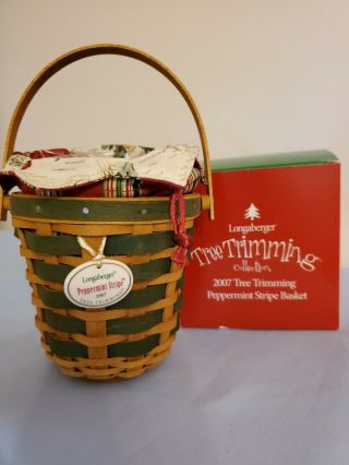 Longaberger Tree Trimming Peppermint Stripe Basket,  4 " X5 ",  Liner Bag,  Protector