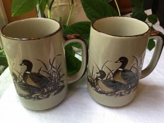 2 Vintage Otagiri Embossed Mallard Ducks Coffee Mugs Cups Stoneware Japan 8 Oz