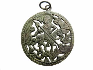 Antique 1800s.  Bronze Religious Medallion,  St.  George Killing The Dragon