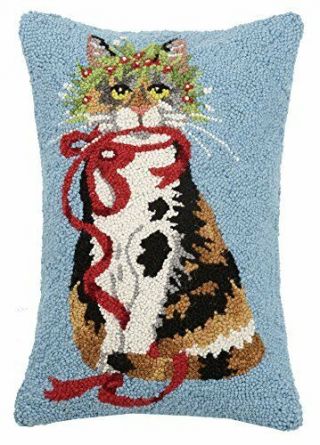 Mary Lake Thompson Cat With Holly Leaf Hook Pillow,  12x18 " Holiday