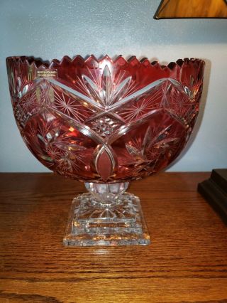 Huge Vintage Bohemian Ruby Red Cut To Clear Crystal 10 " Center Piece Bowl.