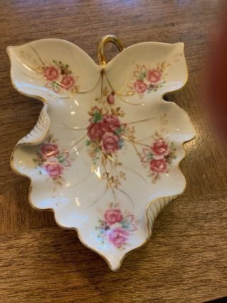 Vintage Leaf Dish With Roses And Gold Trim Marked Fleetwood